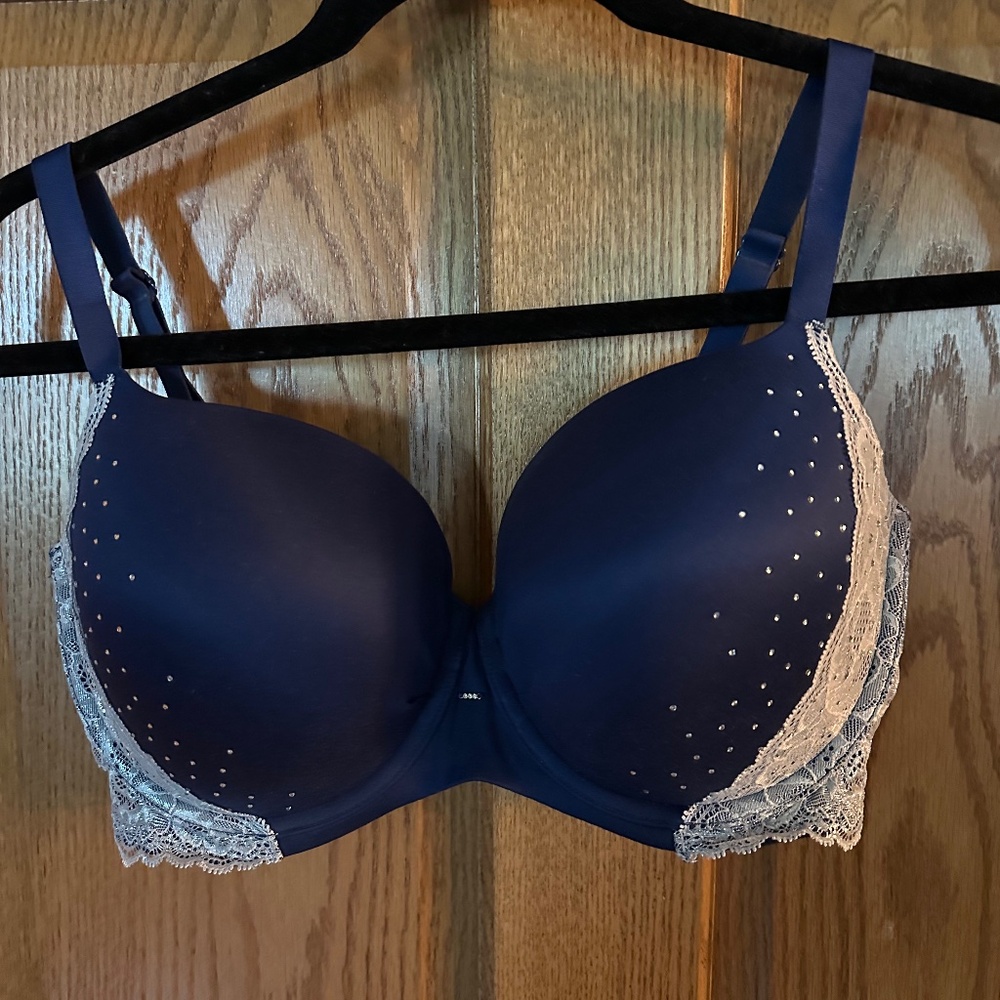 Victoria's Secret Lined Demi Navy Blue/Bling Bra-Size 36DDD